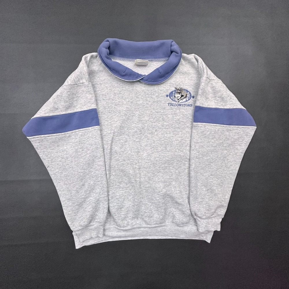 Vintage Yellowstone Sweatshirt Mens Large Gray Made in USA Rugby Wolf 1990s